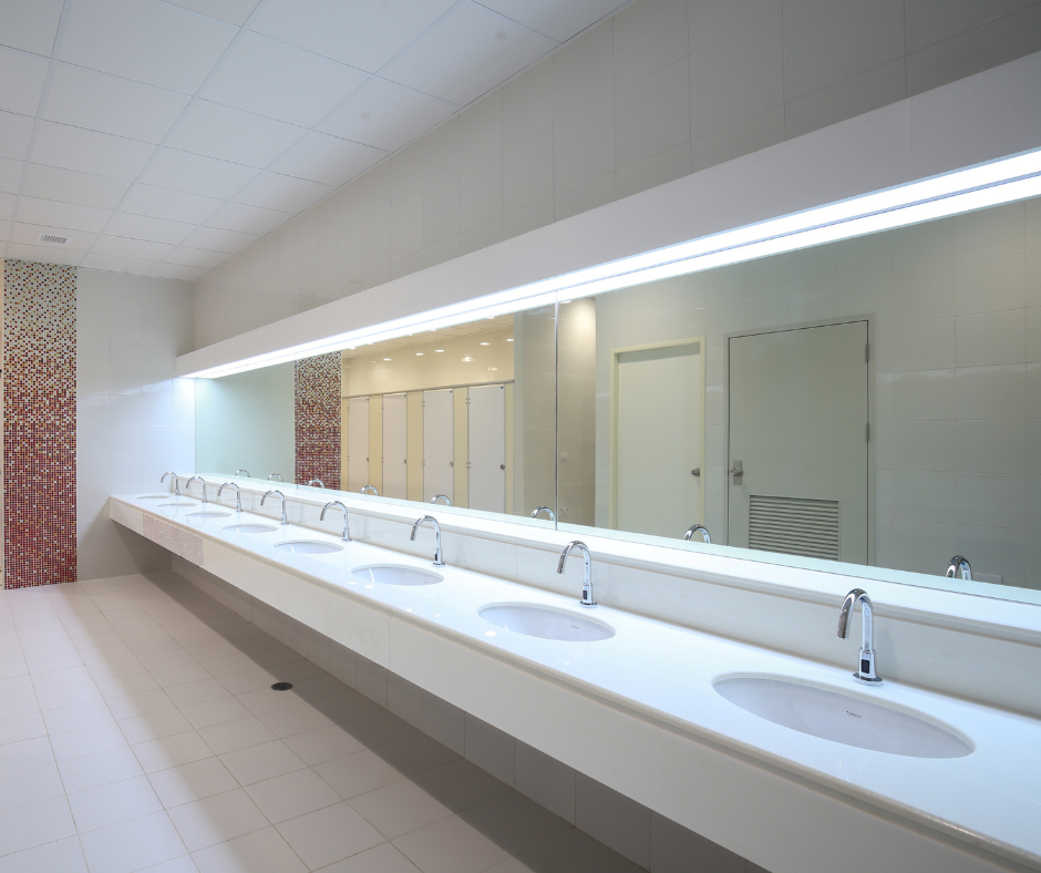 office restroom that has been sanitized and cleaned and is prepared for use