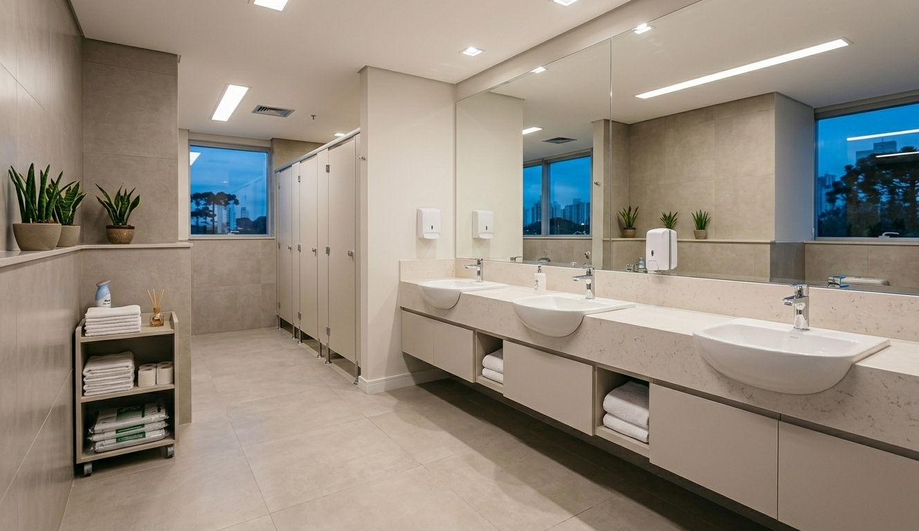 office bathroom, clean and pristine after receiving a professional Office Cleaning service