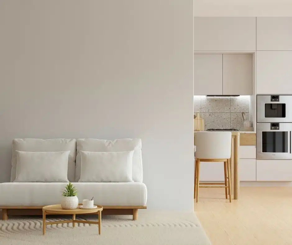 Clean cozy living space with organized interior and comfortable seating