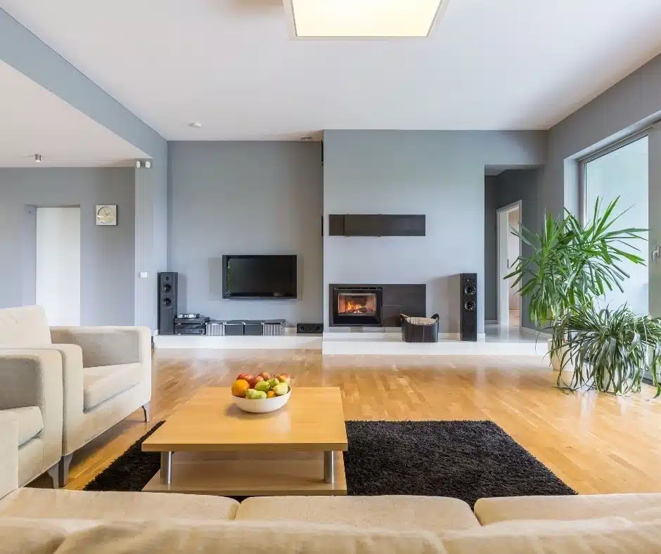 Clean cozy living space with organized interior and comfortable seating