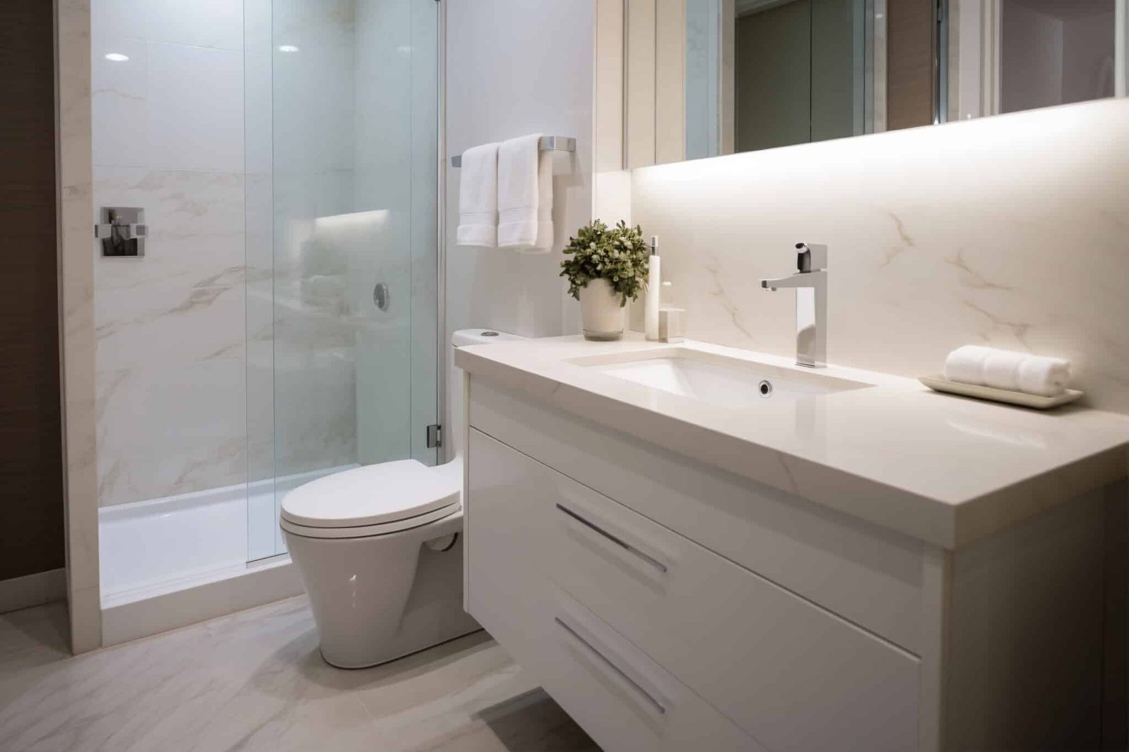 Bathroom after a remodeling project, cleaned by Darine's Super Cleaning Experts